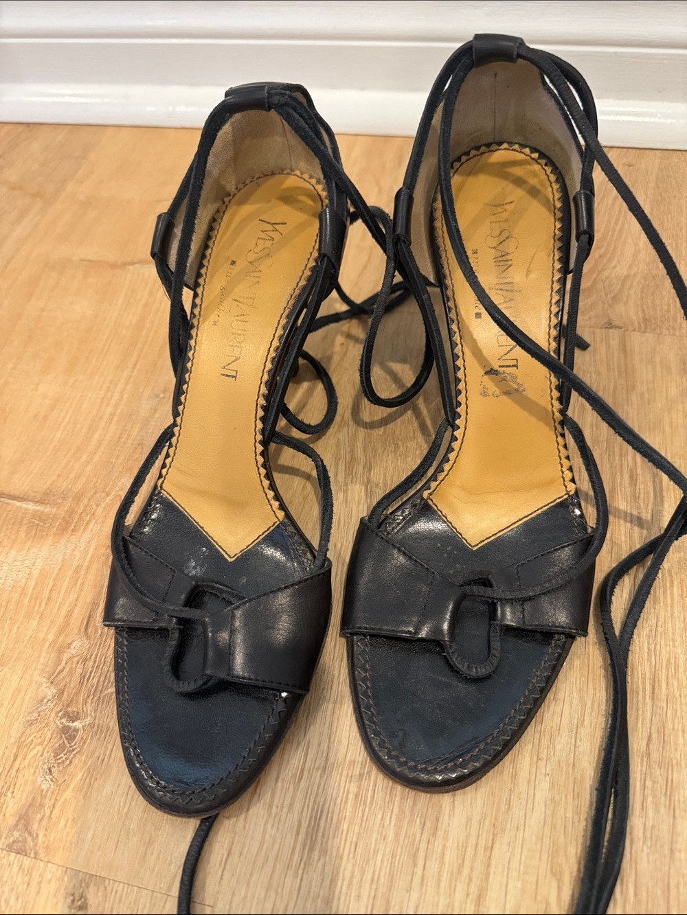 Yves Saint Laurent Black Leather Lace-Up Open-Toe Sandals